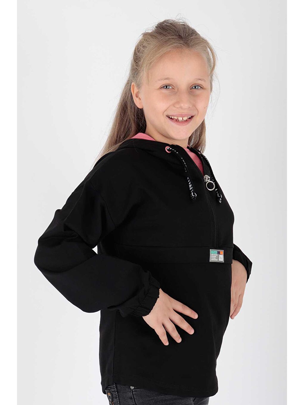 Lacivert Kids Kız Kapşonlu Sweat Uzun Kollu Fermuarlı Hoodie Pamuklu-2