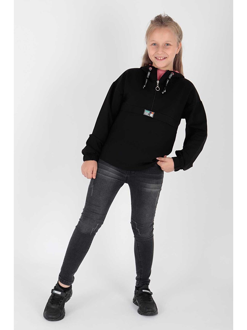Lacivert Kids Kız Kapşonlu Sweat Uzun Kollu Fermuarlı Hoodie Pamuklu-3