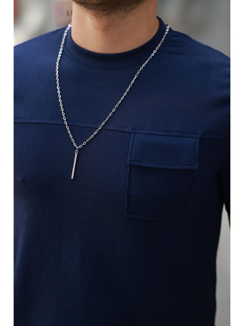 Lacivert Erkek Cepli Kolyeli Kısa Kollu Tişört-2