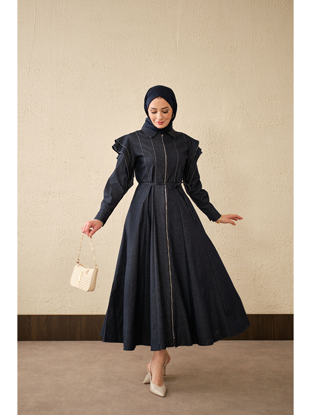 Kadın Dikiş Detay Omuz Büzgülü Jean Elbise Lacivert-1