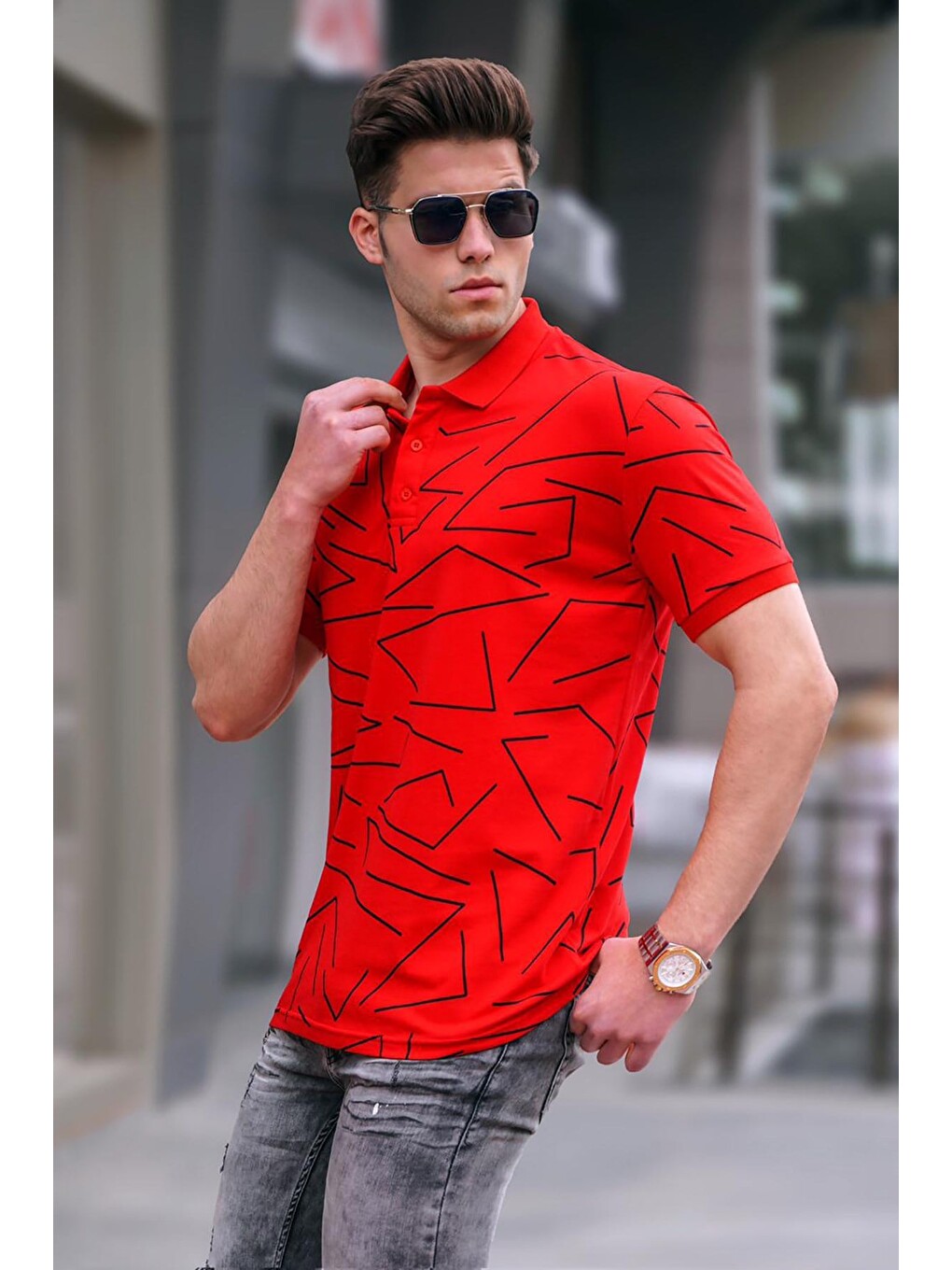 Erkek Polo Yaka Kırmızı Desenli Tişört 5817