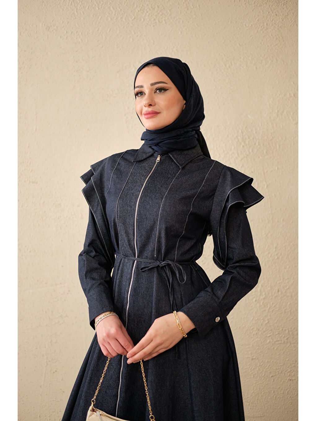 Kadın Dikiş Detay Omuz Büzgülü Jean Elbise Lacivert-2