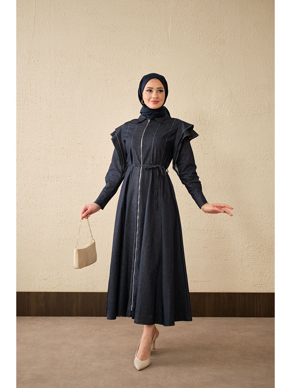 Kadın Dikiş Detay Omuz Büzgülü Jean Elbise Lacivert-3