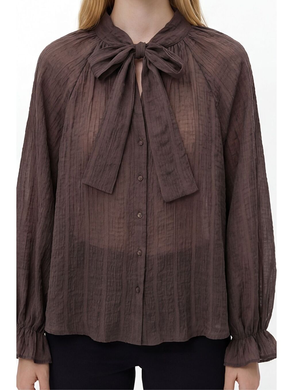 Yakası Bağlamalı Transparan Bluz Kahverengi-3
