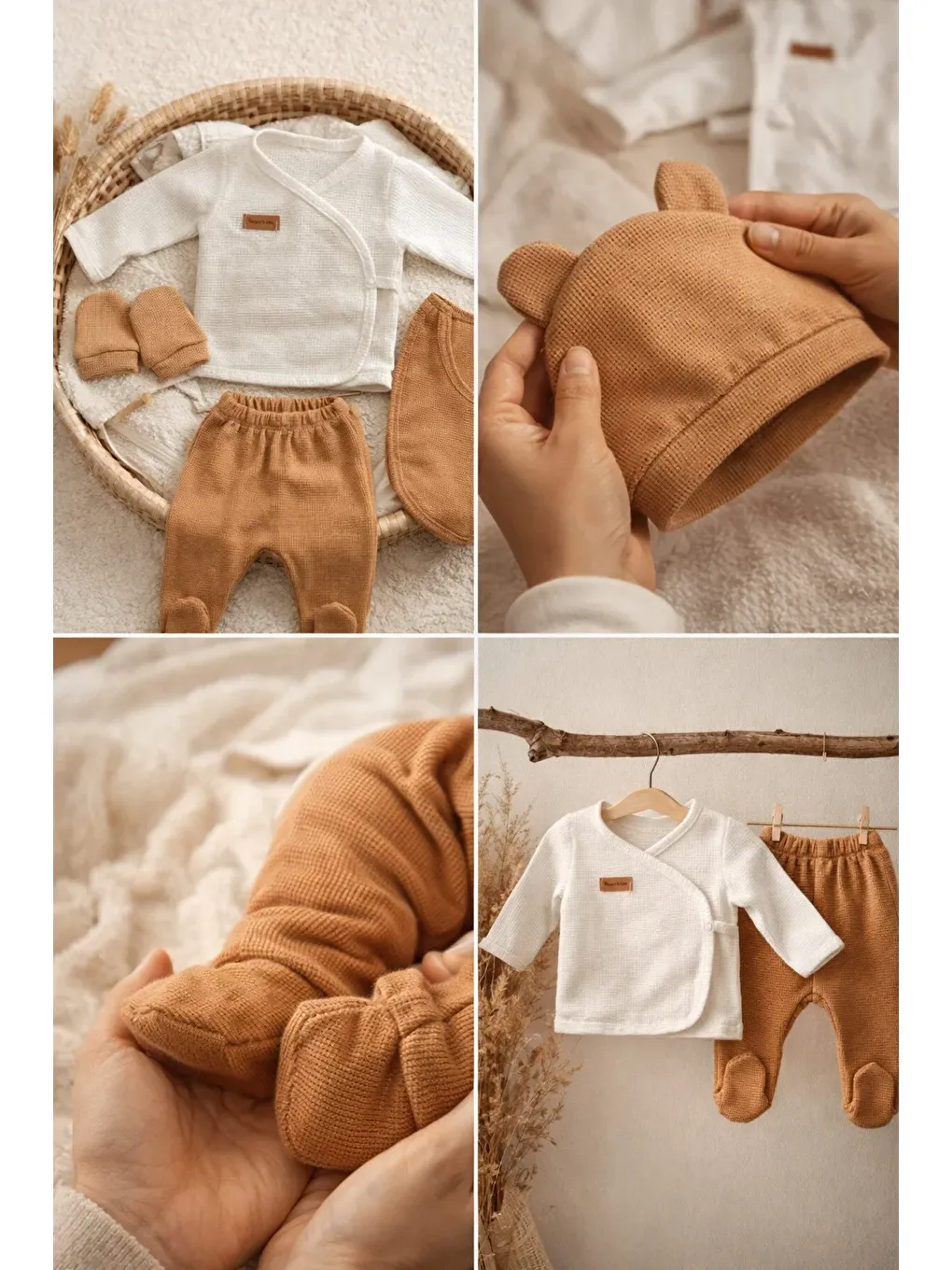 Kahverengi Waffle Kumaş Organik Pamuk Ayıcık Kulaklı Şapkalı Kutulu 5’li Hastane Çıkış Seti-3