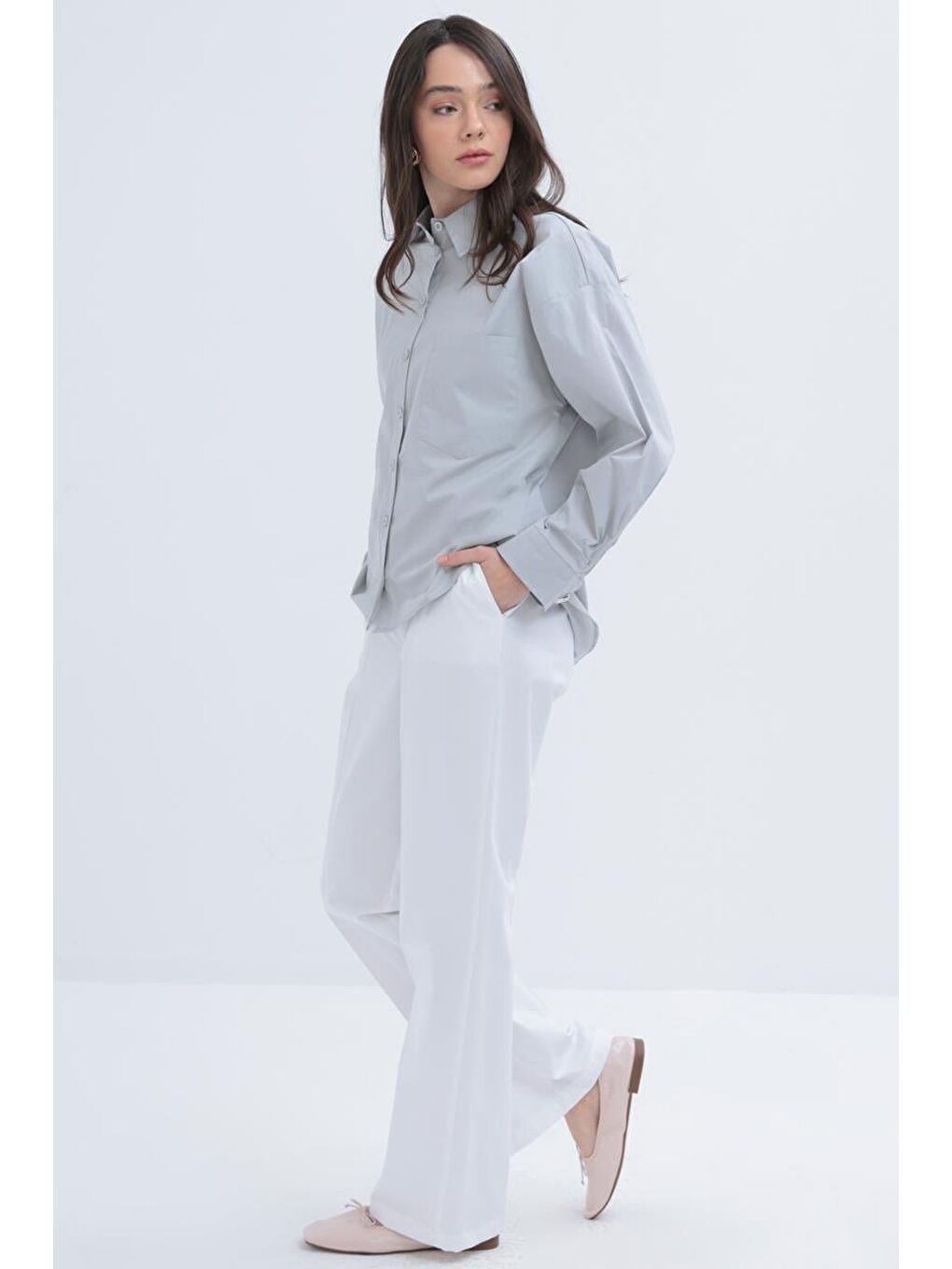 Beyaz Gri-Cepli Elastanlı Poplin Gömlek-2