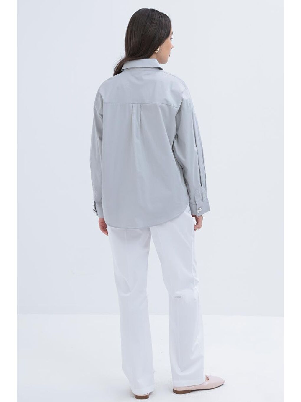 Beyaz Gri-Cepli Elastanlı Poplin Gömlek-3
