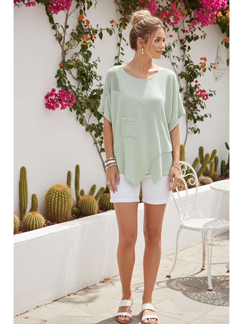Yeşil Mint Havuz Yaka Kısa Kol Cepli File Detaylı Yıkamalı Casual Asimetrik Dokuma Bluz 70 63-4
