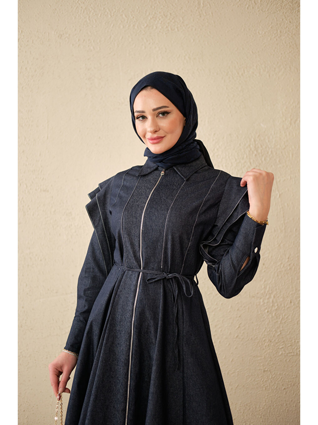 Kadın Dikiş Detay Omuz Büzgülü Jean Elbise Lacivert-4