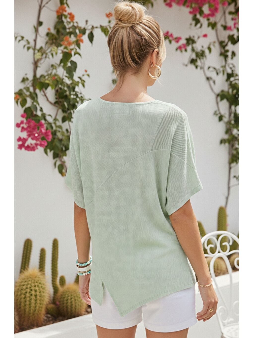 Yeşil Mint Havuz Yaka Kısa Kol Cepli File Detaylı Yıkamalı Casual Asimetrik Dokuma Bluz 70 63-5