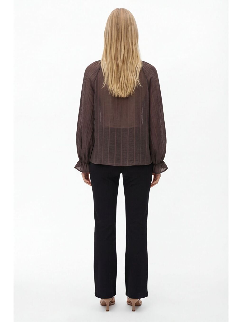 Yakası Bağlamalı Transparan Bluz Kahverengi-4