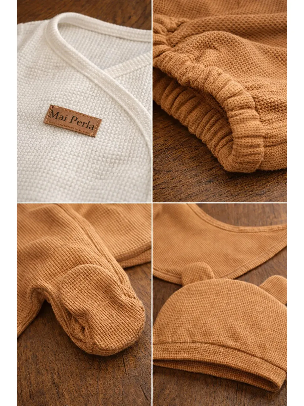 Kahverengi Waffle Kumaş Organik Pamuk Ayıcık Kulaklı Şapkalı Kutulu 5’li Hastane Çıkış Seti-4