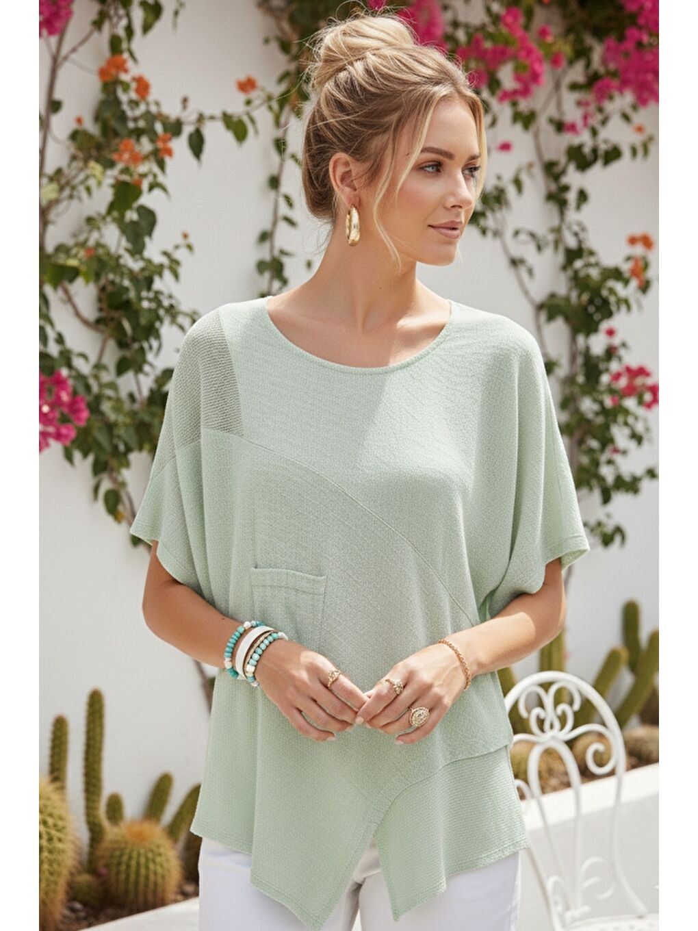 Yeşil Mint Havuz Yaka Kısa Kol Cepli File Detaylı Yıkamalı Casual Asimetrik Dokuma Bluz 70 63-1