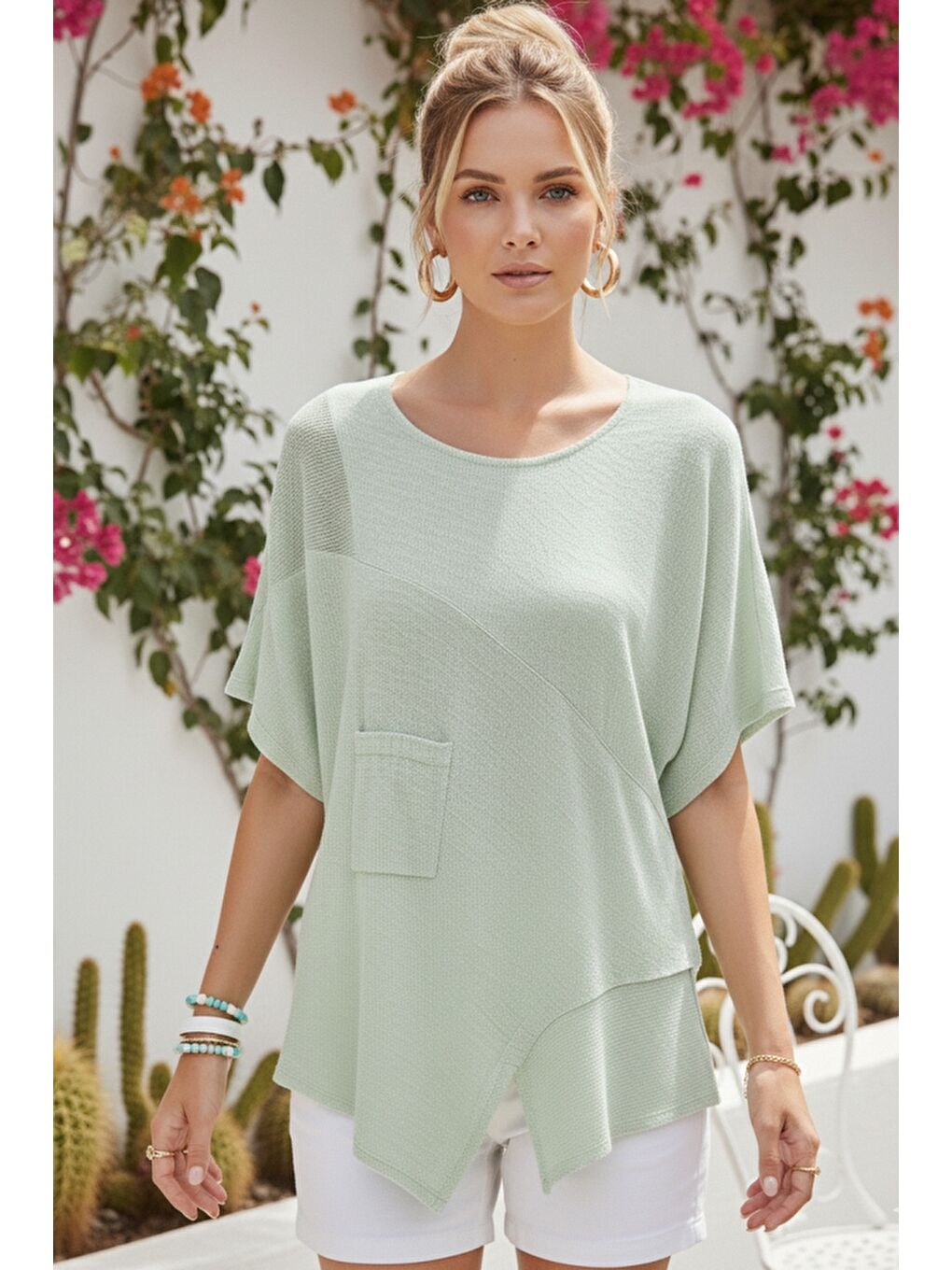 Yeşil Mint Havuz Yaka Kısa Kol Cepli File Detaylı Yıkamalı Casual Asimetrik Dokuma Bluz 70 63-2