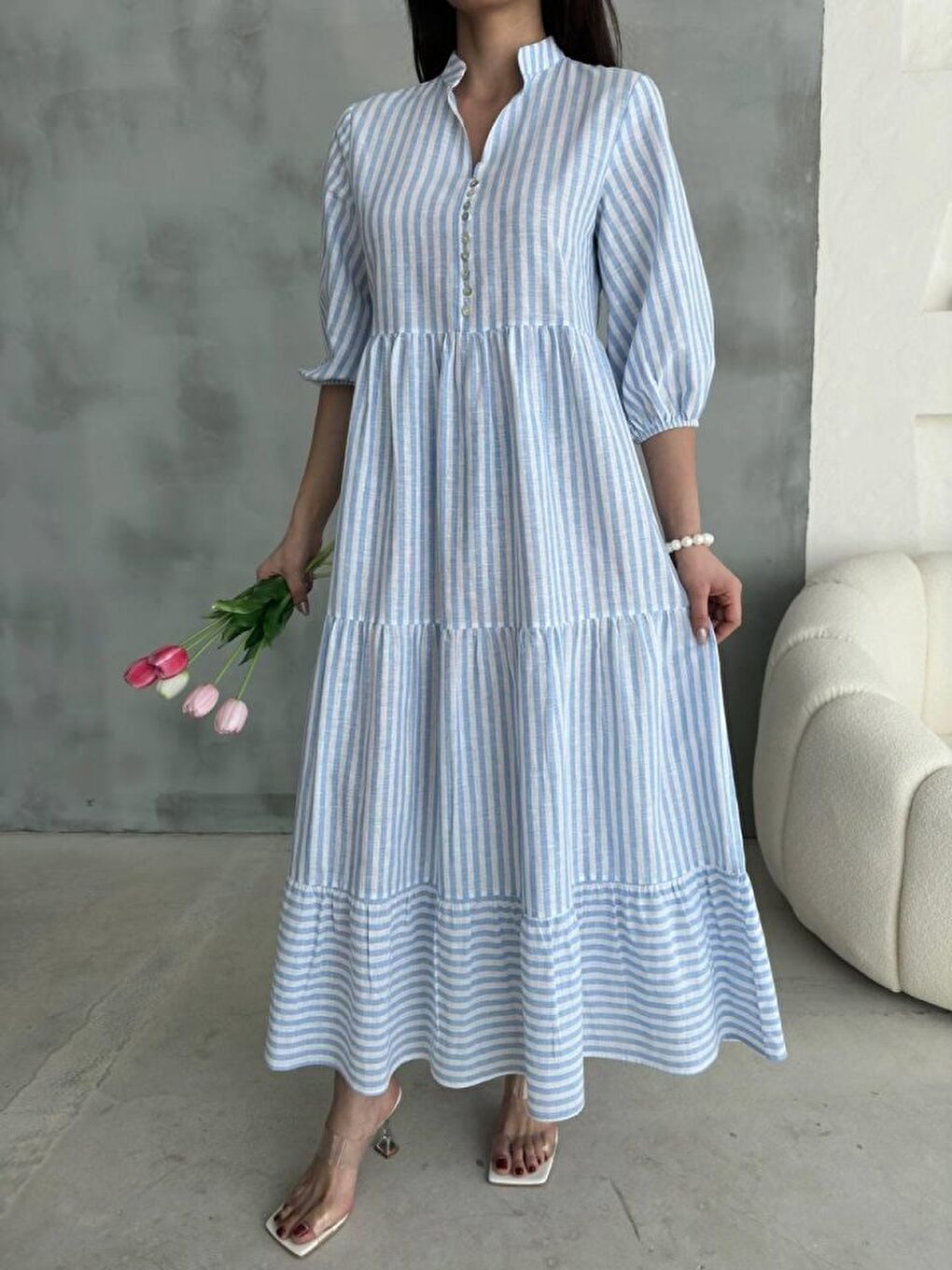 ÇİZGİLİ KETEN HAKİM YAKA DÜĞMELİ SALAŞ ELBİSE - Mavi-1
