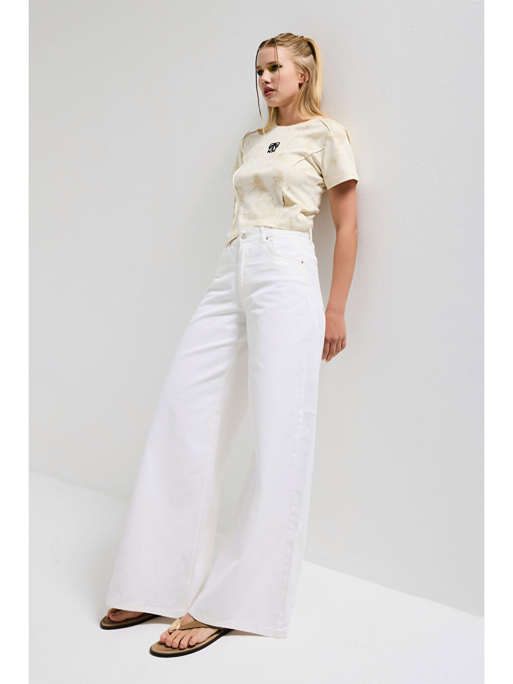 Kadın Kırık Beyaz Hera 7s6-101 Palazzo Fit %100 Pamuk Denim Jean-5