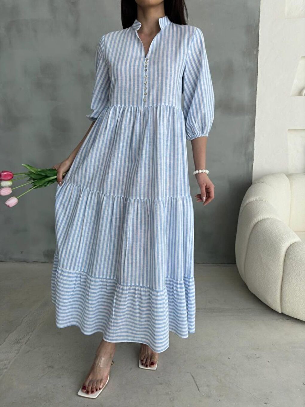 ÇİZGİLİ KETEN HAKİM YAKA DÜĞMELİ SALAŞ ELBİSE - Mavi-2