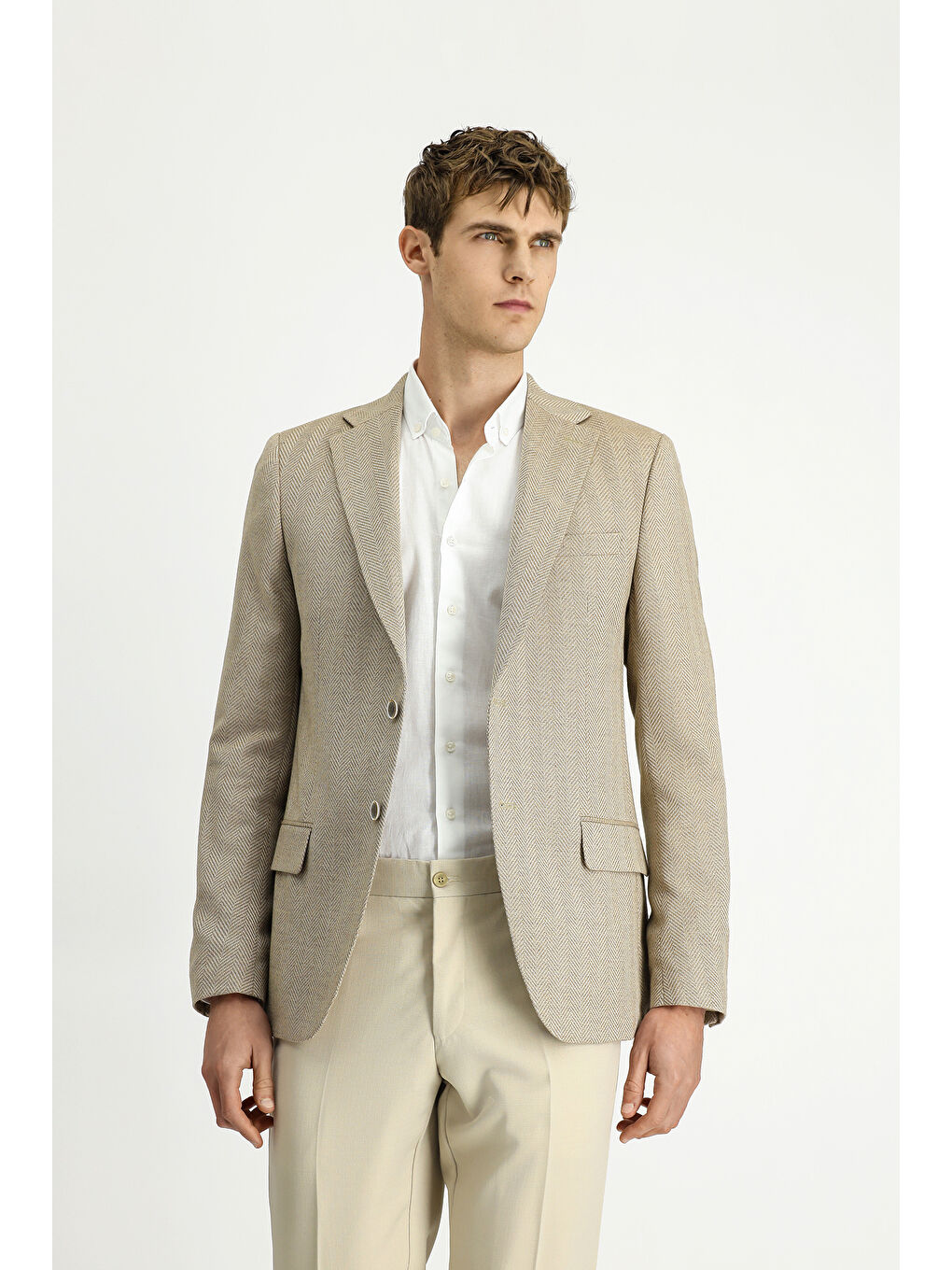 Bej Muscle Fit Yünlü Desenli Ceket