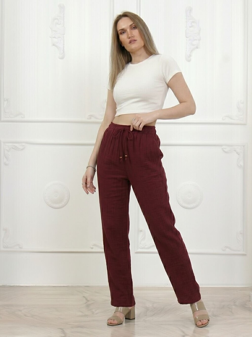 Kadın Pamuk Müslin Kumaş Bolpaça Pantolon Bordo-1