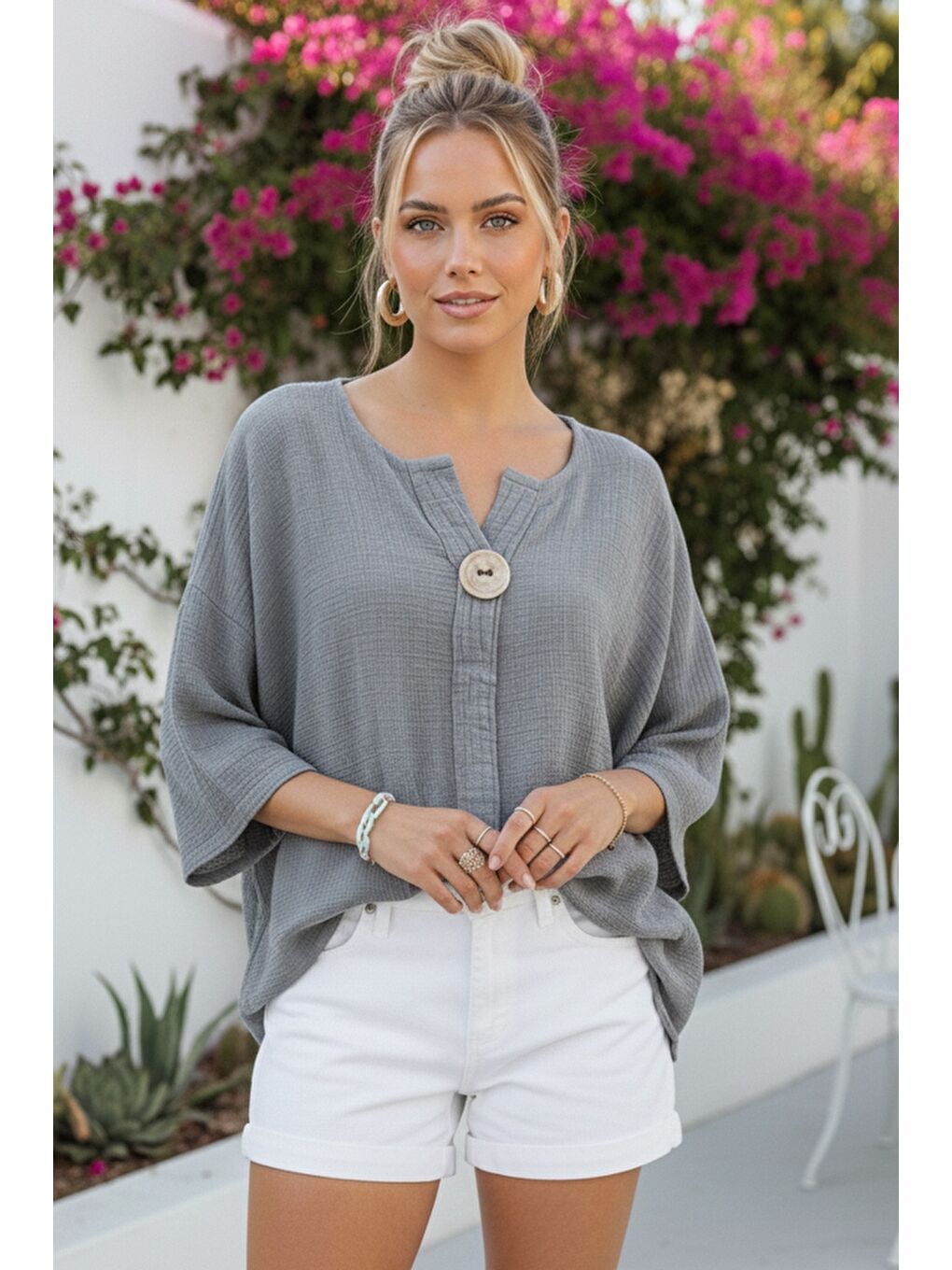 Gri Havuz Yaka Düğmeli 3/4 Kol Yıkamalı Casual Müslin Dokuma Bluz 75 70-2