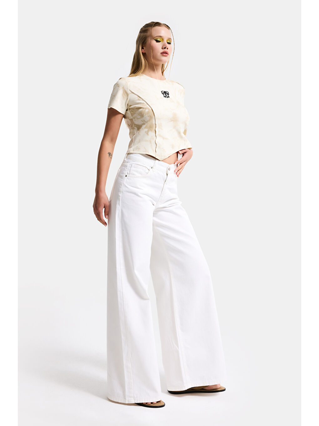 Kadın Kırık Beyaz Hera 7s6-101 Palazzo Fit %100 Pamuk Denim Jean-6