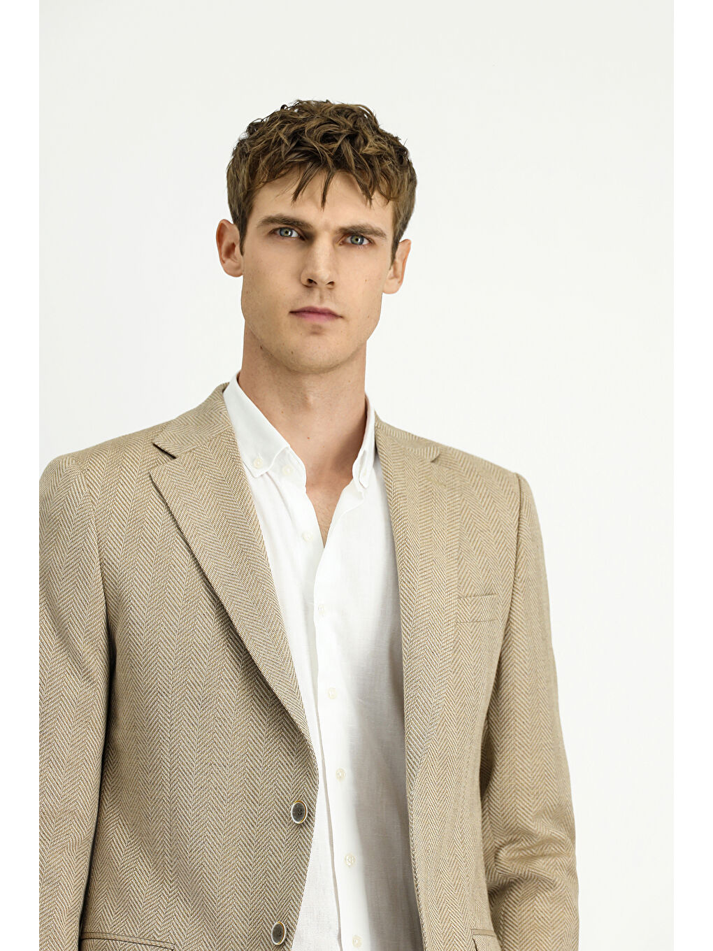 Bej Muscle Fit Yünlü Desenli Ceket-2