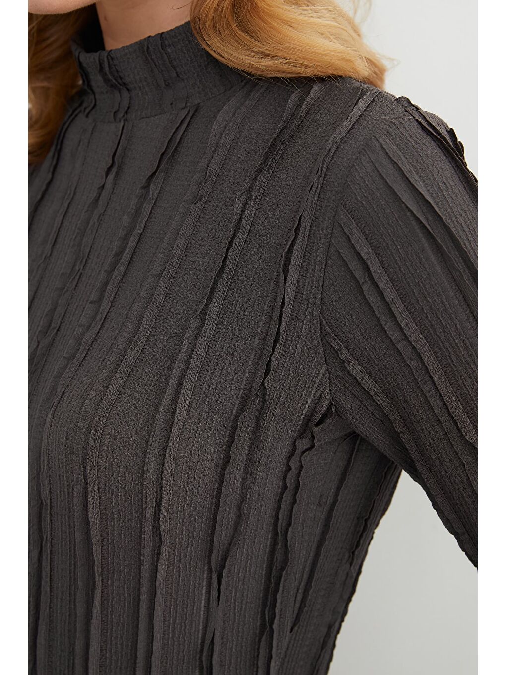 Antrasit Krep Kumaş Dik Yaka Bluz-3