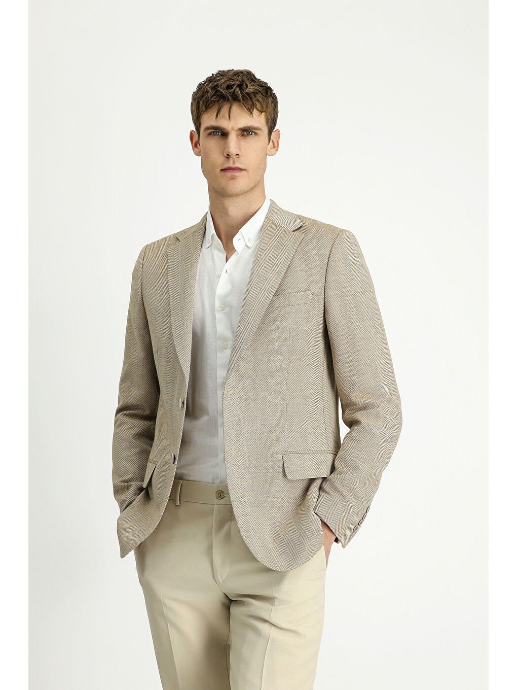 Bej Muscle Fit Yünlü Desenli Ceket-3