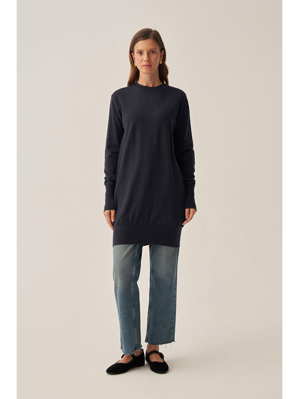 Lacivert-Bilekte Dügme Detaylı Kazak-1