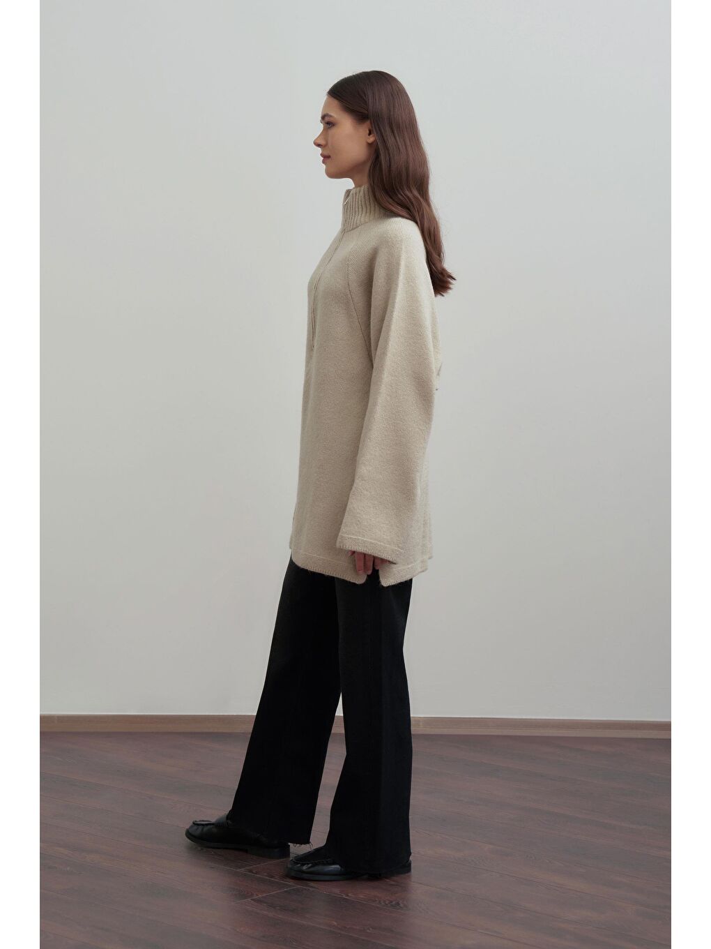 Bej Taş-Yarım Fermuarlı Kazak-2