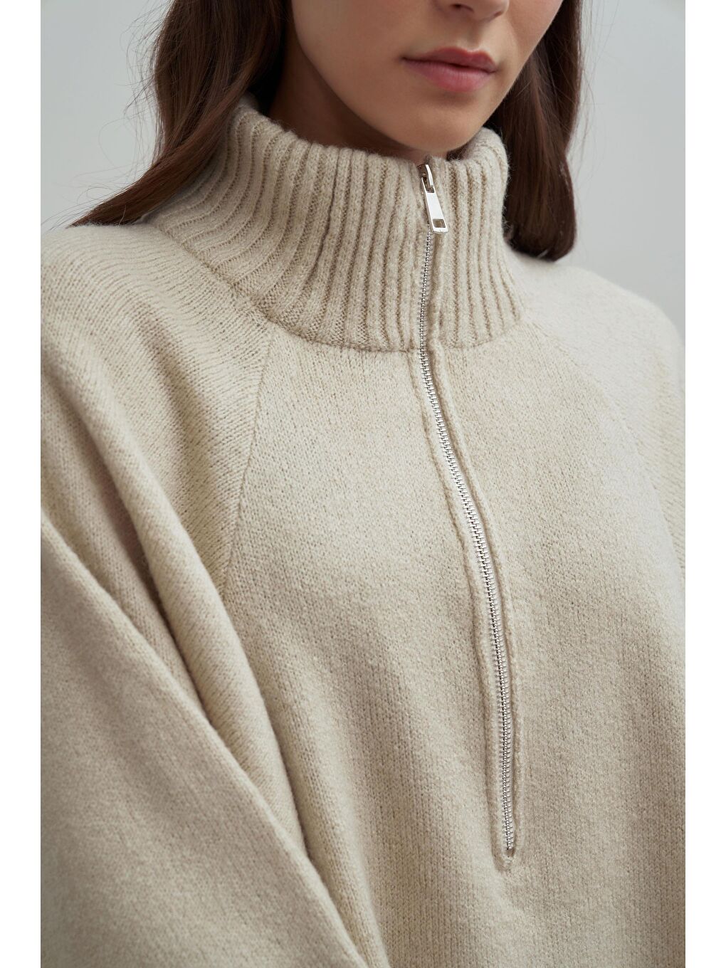 Bej Taş-Yarım Fermuarlı Kazak-4