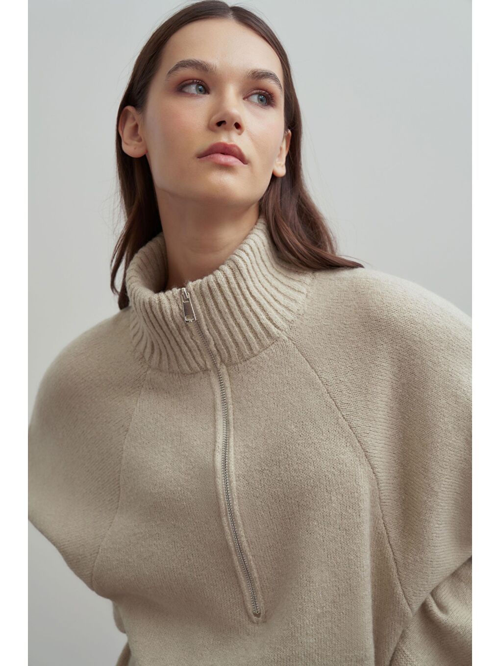 Bej Taş-Yarım Fermuarlı Kazak-5