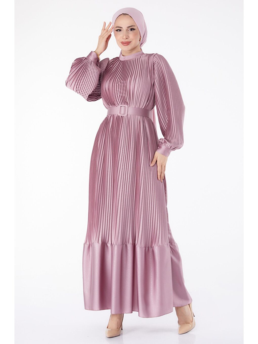 Düz Hakim Yaka Kadın Pembe Pliseli Abiye Elbise - 25458