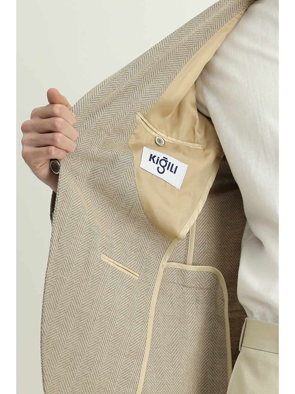 Bej Muscle Fit Yünlü Desenli Ceket-5