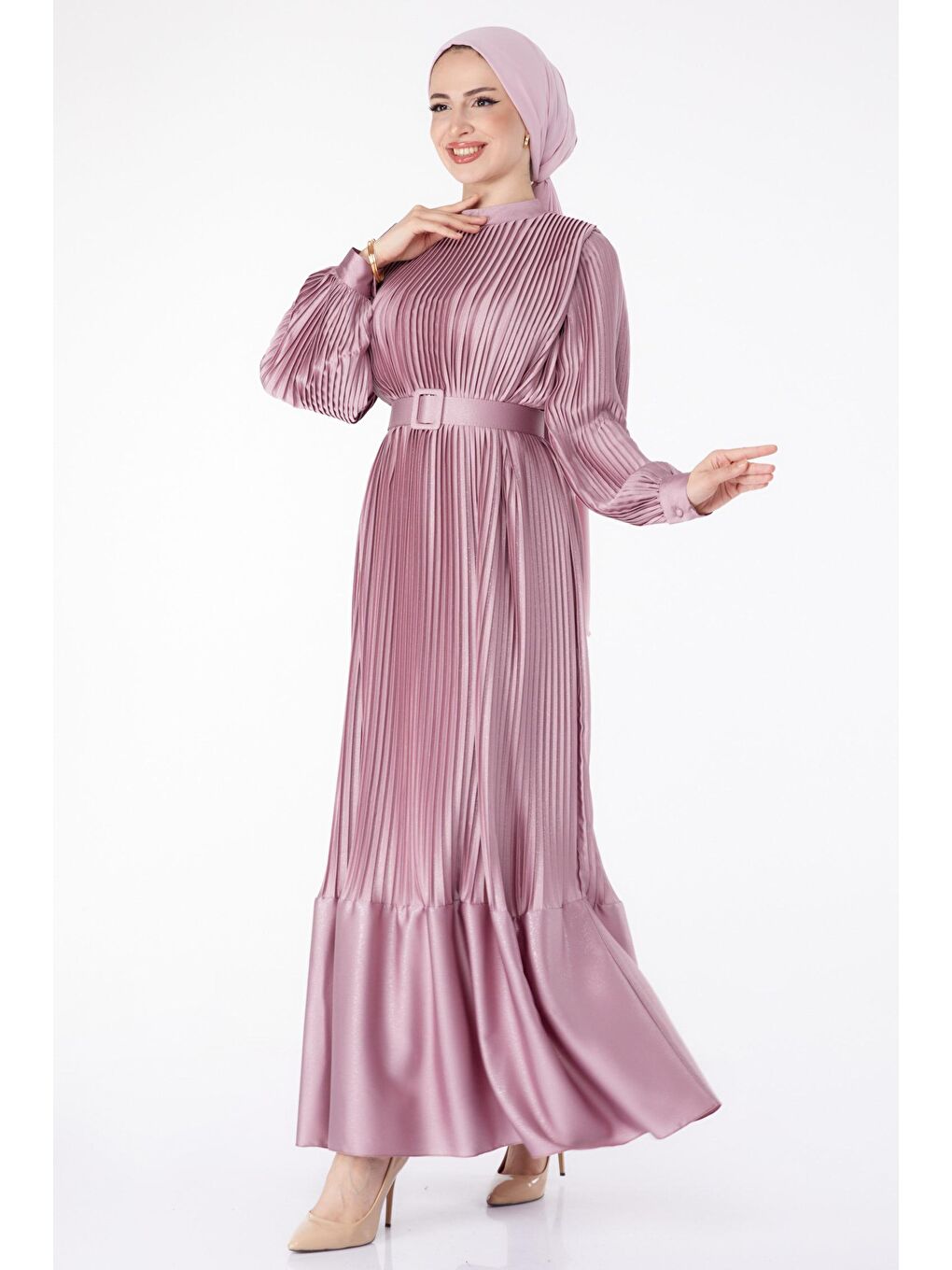 Düz Hakim Yaka Kadın Pembe Pliseli Abiye Elbise - 25458-1