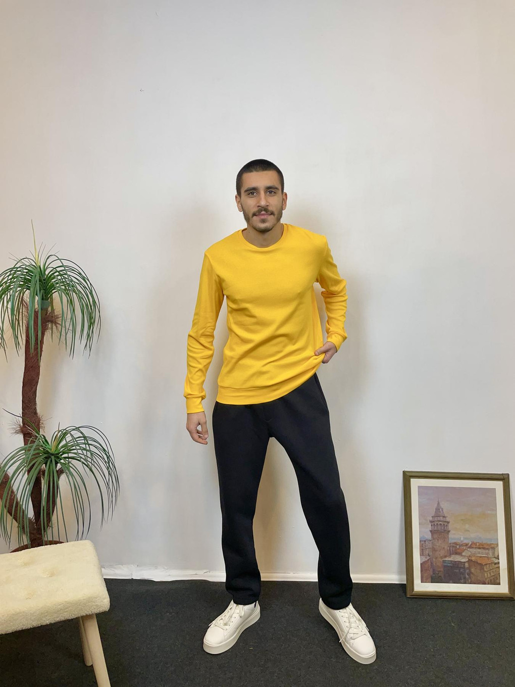 Sarı Erkek Bisiklet Yaka Slim Fit İnce Sweatshirt Spr 20k17-2