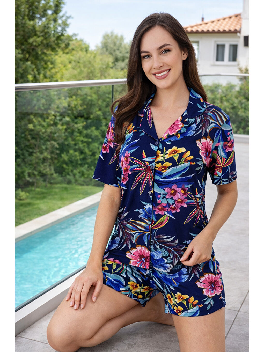 Kadın Desenli Kısa Kol Önü Düğmeli Elastanlı Viskon Pijama Takımı 0312 Lacivert-3