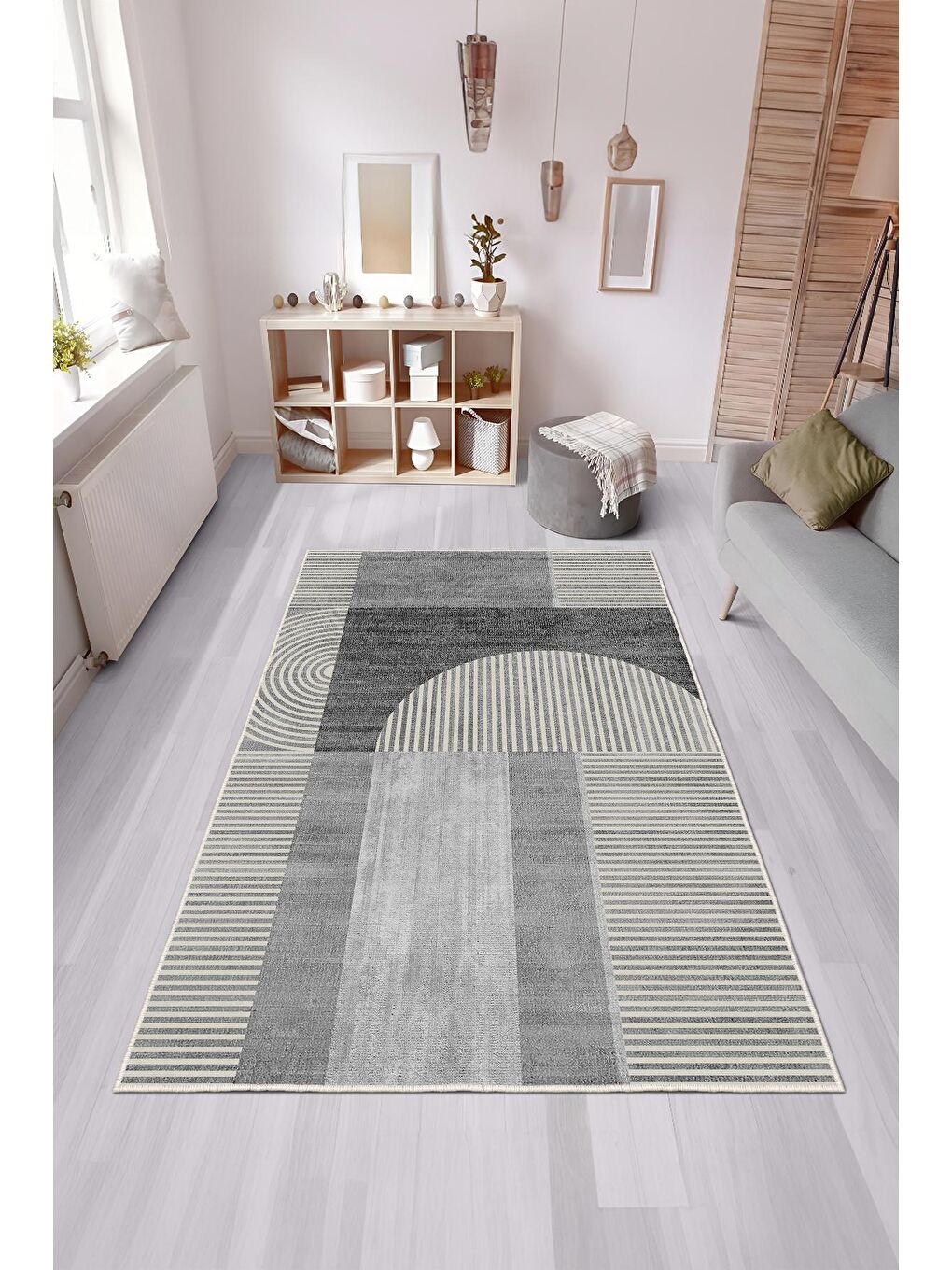 Gri Özel Tasarım, Kaymaz Taban, İnce, Yıkanabilir, Modern Halı WOOKECE1487 80x150