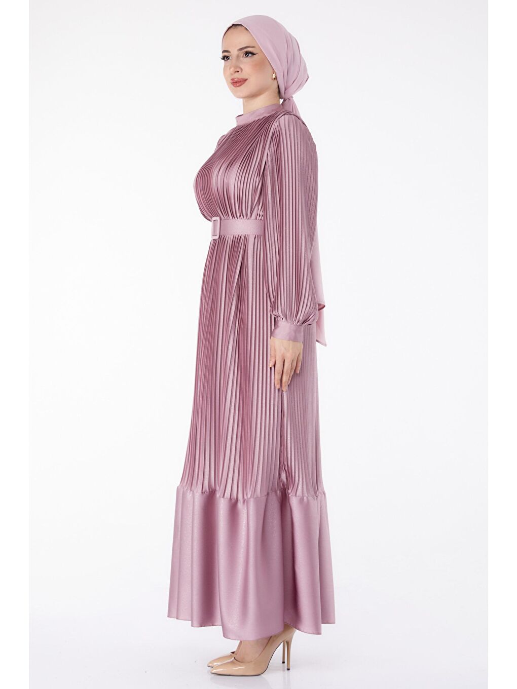 Düz Hakim Yaka Kadın Pembe Pliseli Abiye Elbise - 25458-2