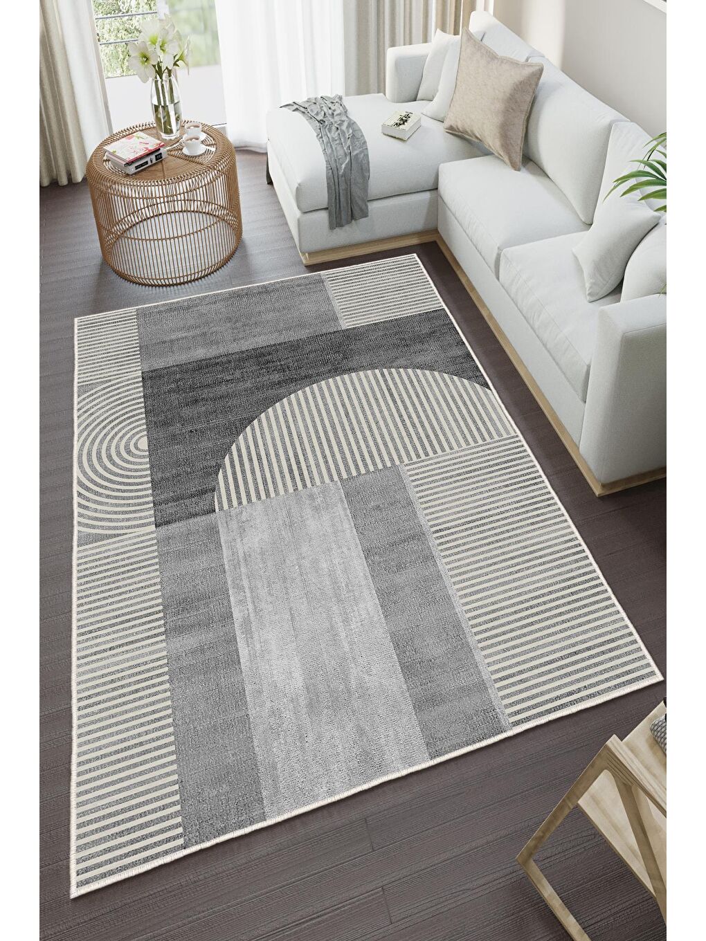 Gri Özel Tasarım, Kaymaz Taban, İnce, Yıkanabilir, Modern Halı WOOKECE1487 80x150-2