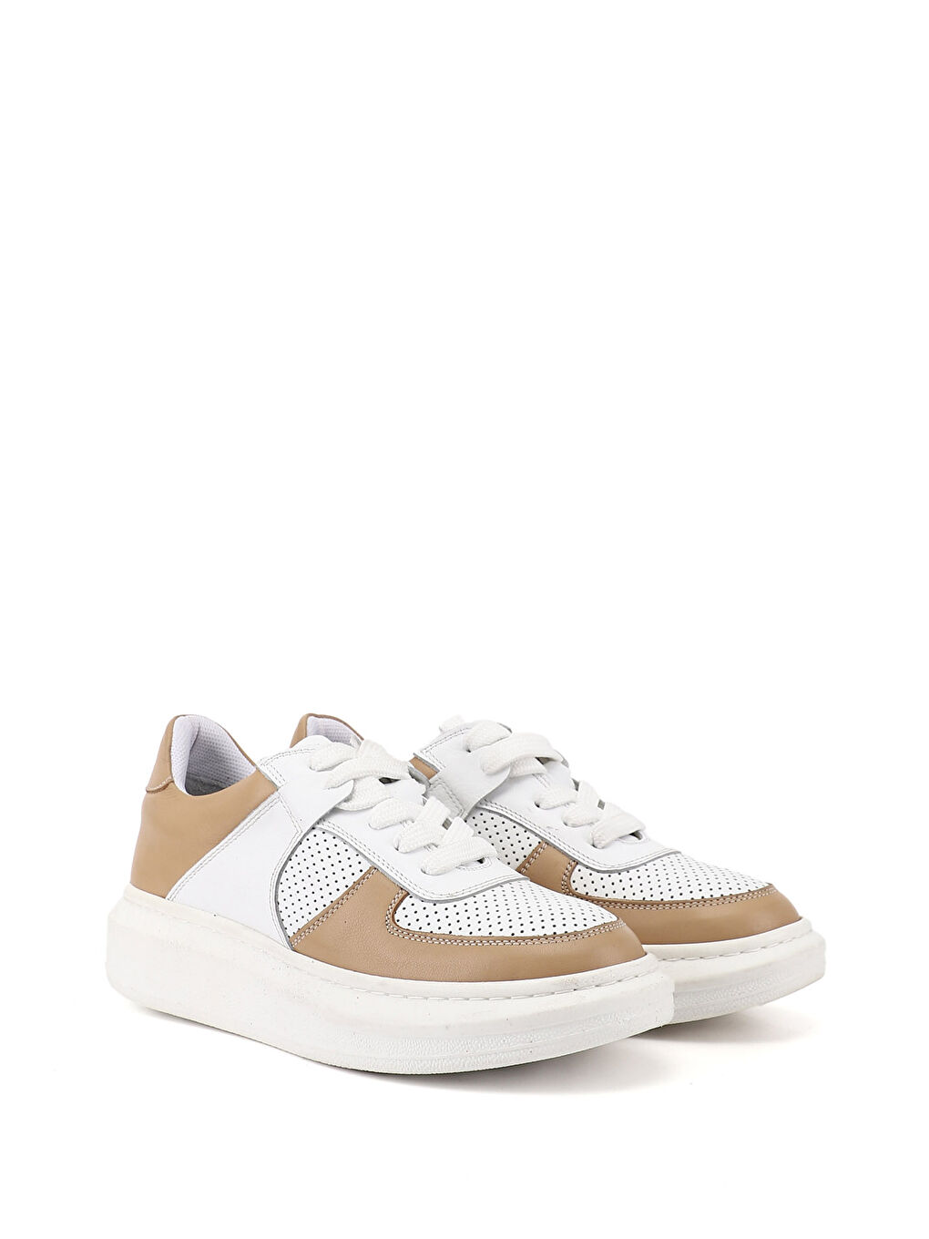 Beyaz Kadın BEYAZ-PUDRA Bağcıklı Dolgu Taban Hakiki Deri Sneaker-1