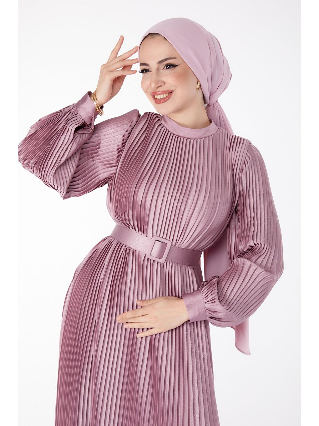Düz Hakim Yaka Kadın Pembe Pliseli Abiye Elbise - 25458-3