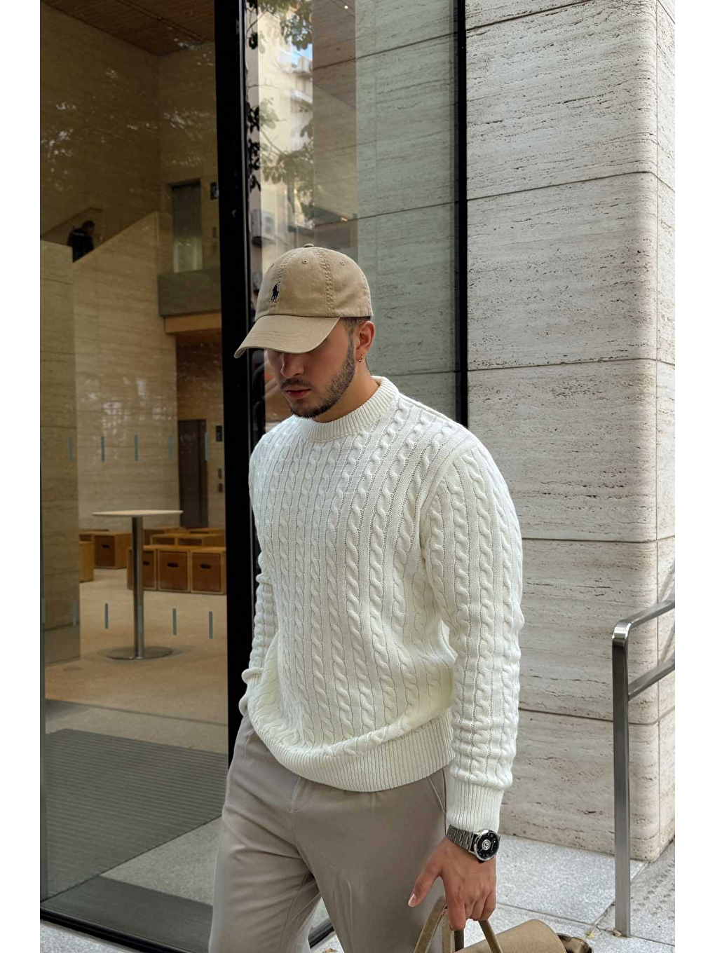 Beyaz Mira Premium Saç Örgü Bisiklet Yaka Kalın Triko Kazak