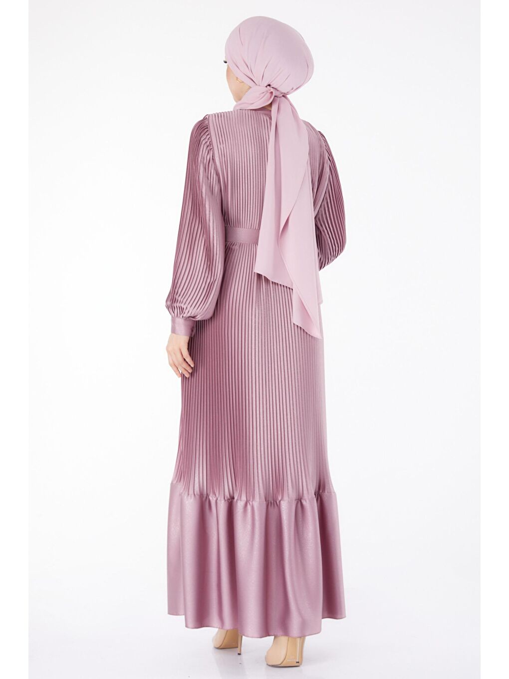 Düz Hakim Yaka Kadın Pembe Pliseli Abiye Elbise - 25458-4