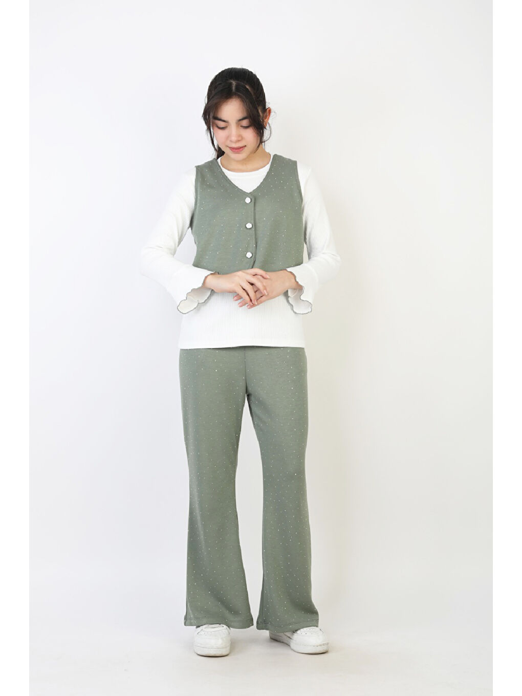 Yeşil Kız Çocuk 3'lü Takım-Yelekli,Taş Süslemeli ve Geniş Paçalı 12515