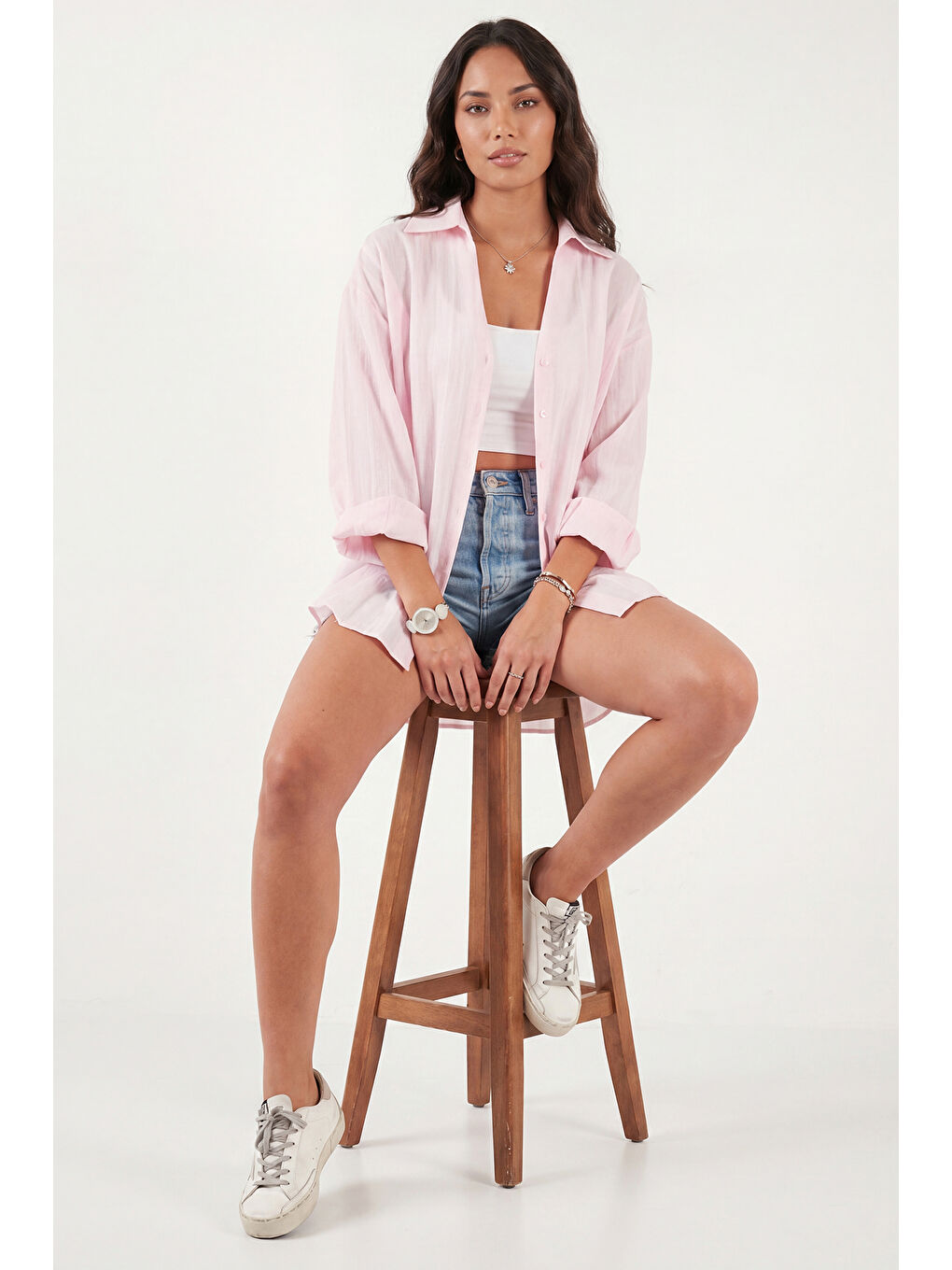 Pembe Rahat Kesim Viskon Karışımlı Uzun Kollu Kadın Gömlek 6834914-2