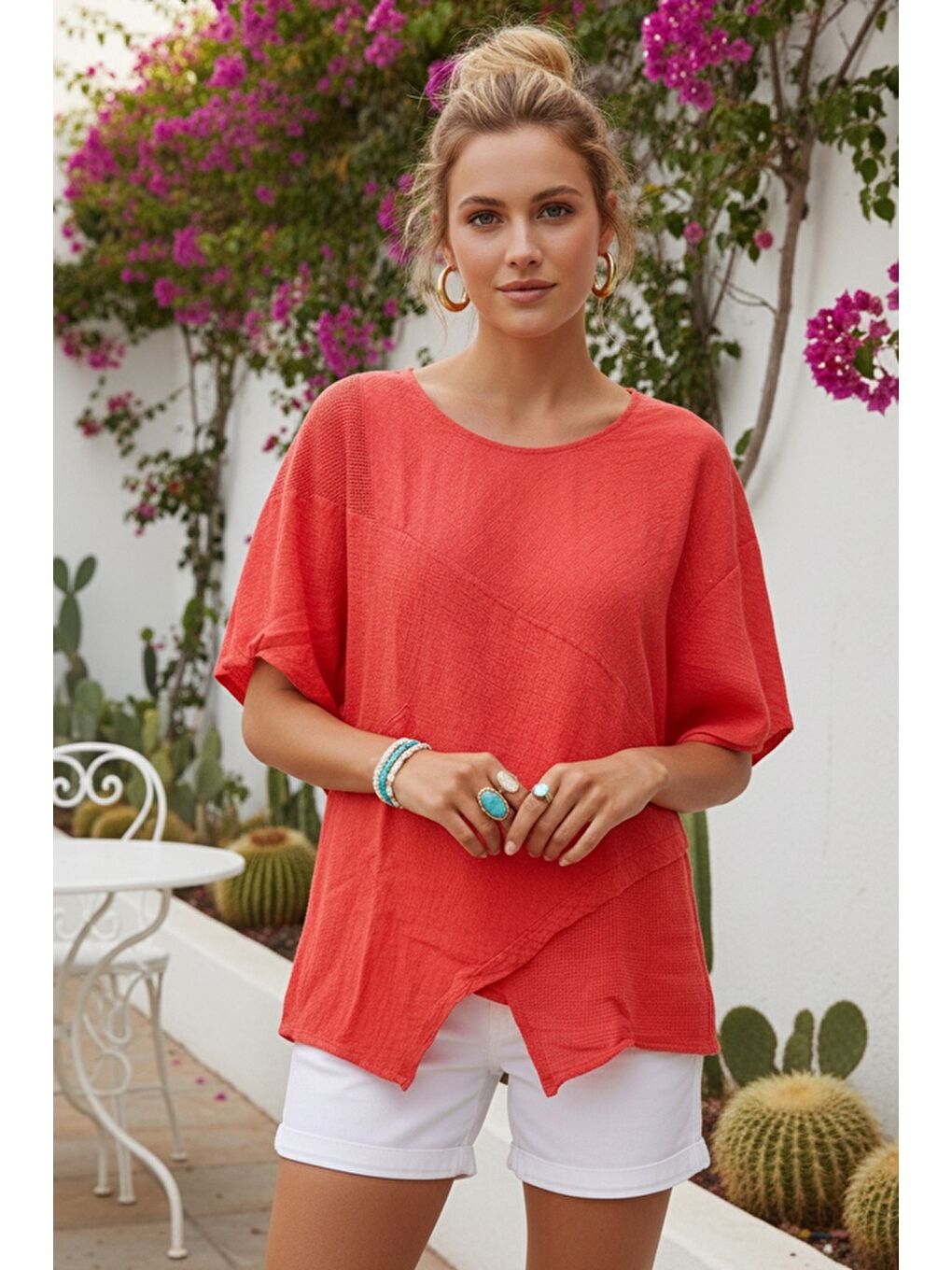 Turuncu Havuz Yaka Kısa Kol Cepli File Detaylı Yıkamalı Casual Asimetrik Dokuma Bluz 70 63