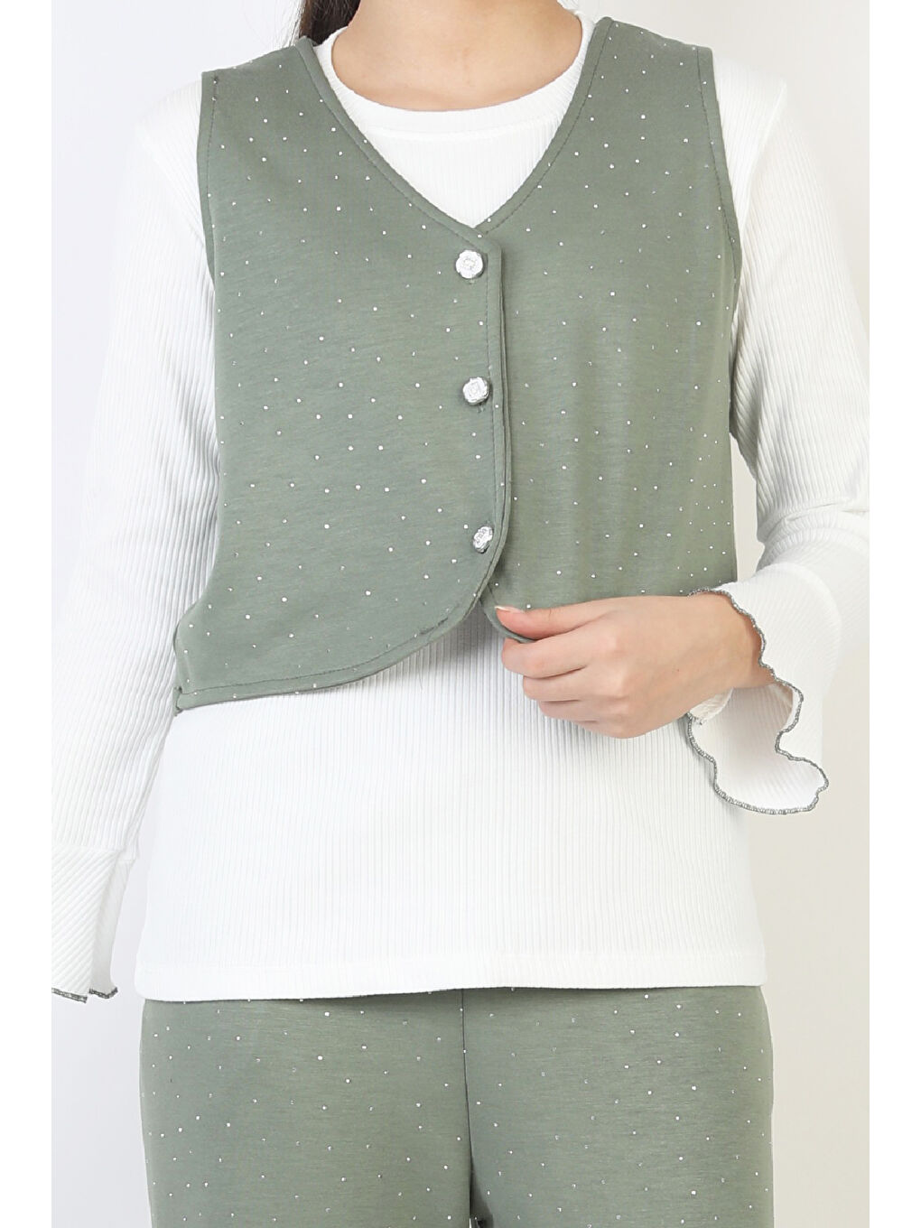 Yeşil Kız Çocuk 3'lü Takım-Yelekli,Taş Süslemeli ve Geniş Paçalı 12515-1