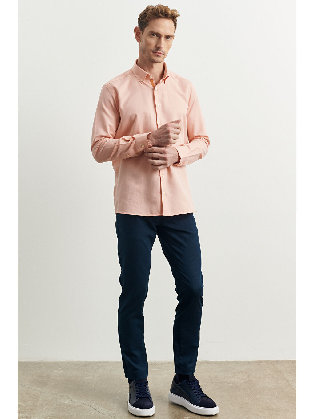 Erkek Lacivert Slim Fit Dar Kesim Armürlü Esnek Casual Pantolon-1