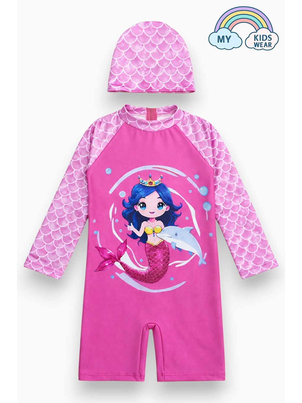 Pembe Kız Çocuk Uzun Kollu Mayo ve Bone-Set 3-10 Yaş 12598